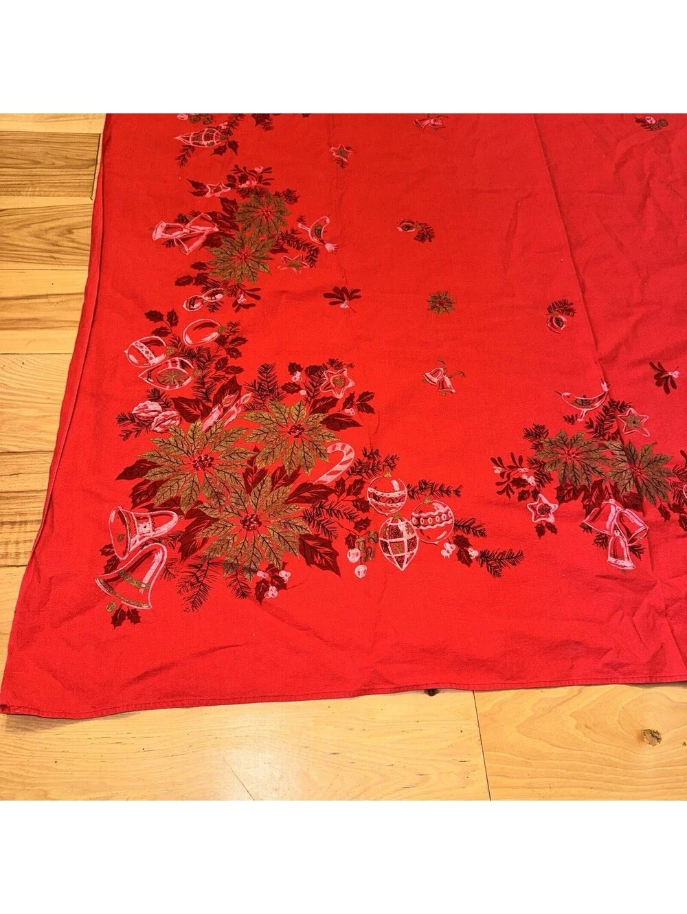 Vintage Red Christmas Tablecloth 76x50 Poinsettia Bells Ornaments Holiday Decor